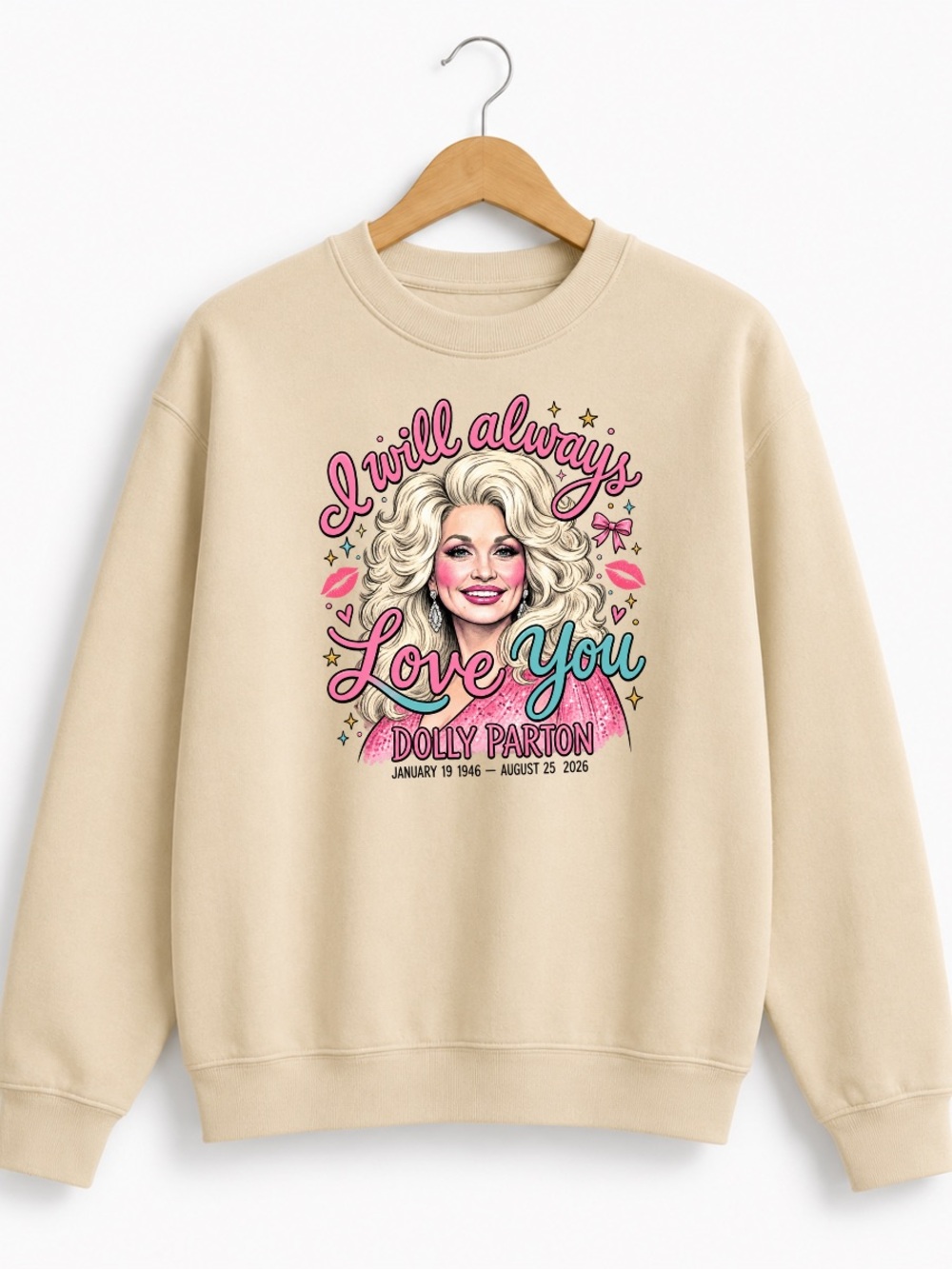Sand Graphic Tee-Style Sweatshirt with Pink & Teal Artwork | DollyParton